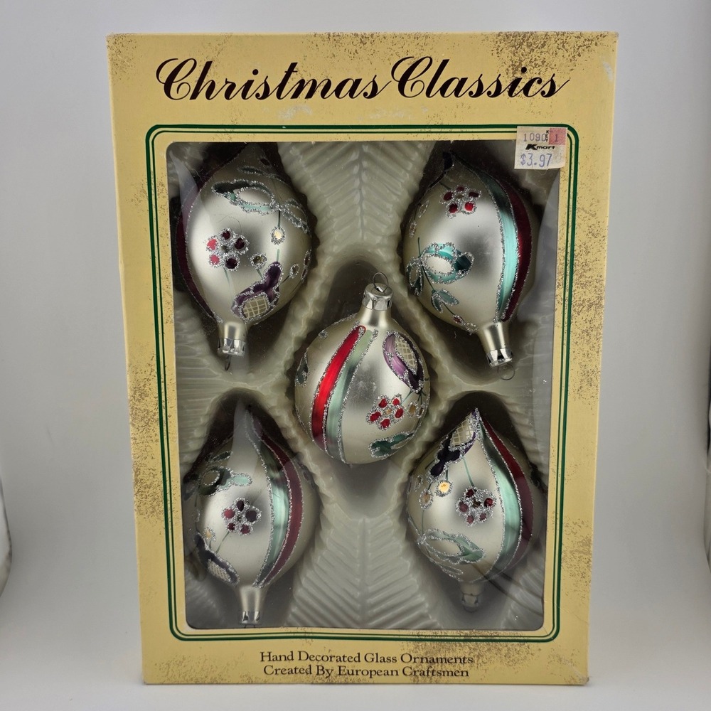 Christmas Classics Glass Ornaments‎ Hand Decorated Lot 5 Frosted Teardrop
